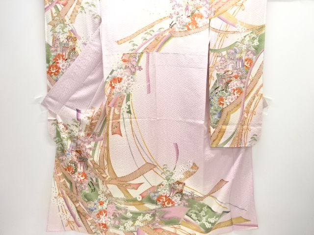 JAPANESE KIMONO / HITOE FURISODE / SILK / NOSHI & CARRIAGE & FLORAL PLANTS